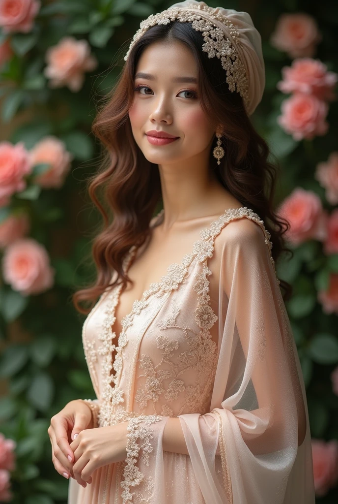 photograph full body, beautiful bride, Thai woman 30 years old, brown Curly hair, Elegant silk fabric shiny and sparkling. Lace Headscarf , Stand facing forward. flower background.