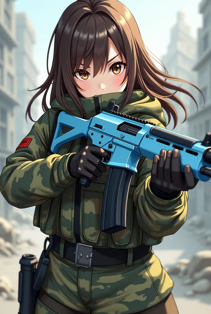 I want a girl with brown eyes, black eyebrows, brown hair. I want her to be dressed as a war-type gamer and have a light blue MP40 weapon and for the drawing to be anime but well drawn with FULL BODY detail so that her feet and more camouflage clothing can be seen.