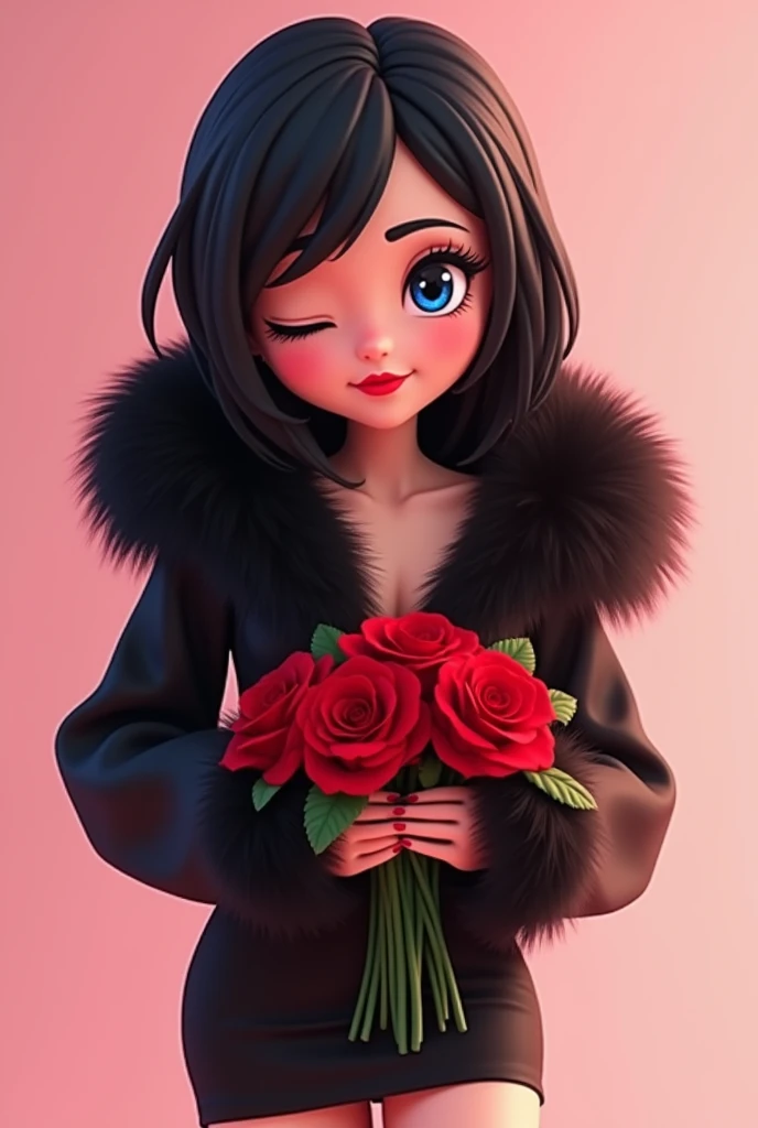 make a youtube profile picture of an animated roblox girl with black hair winking and with a black fur hood on and a black tight long sleeve dress and a red rose bouquet with light pink background and blue eyes and swept bangs square photo