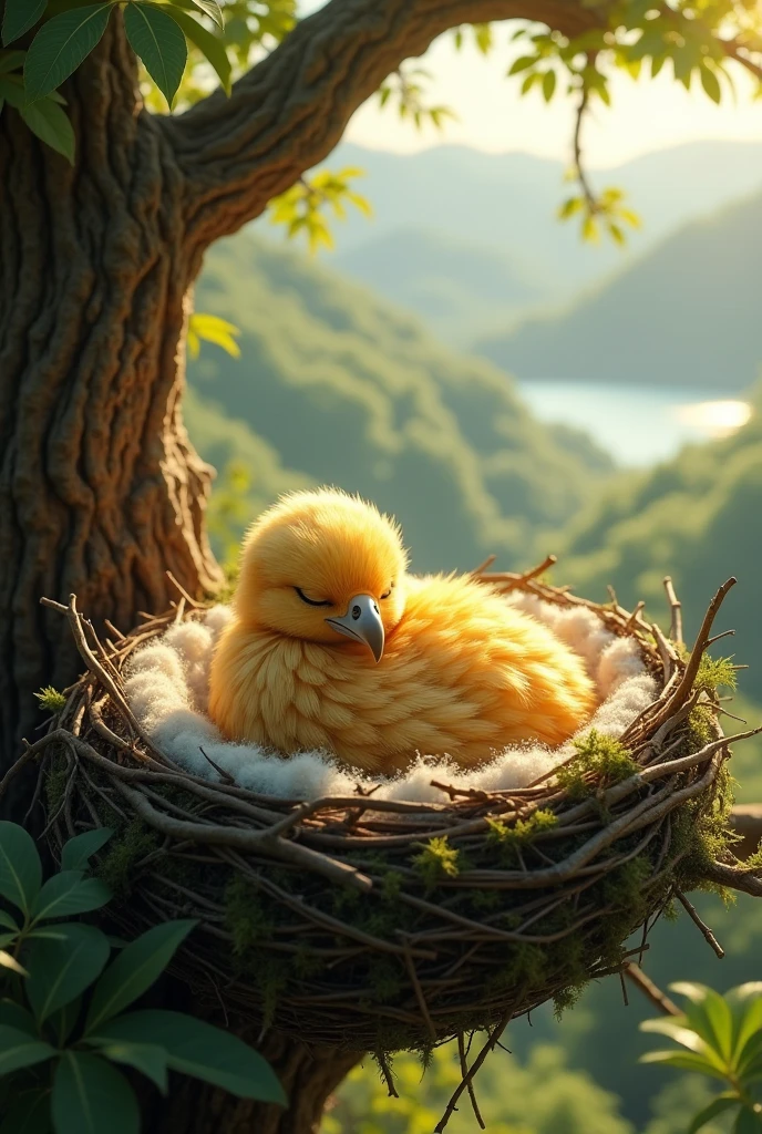 A golden-feathered baby eagle sleeping alone in its nest