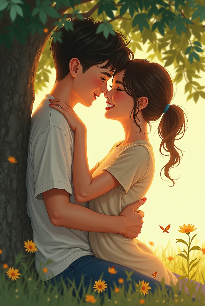 montage of moments: laughing together, sharing secrets, the boy giving the girl a small gift, and them sitting under the tree discussing their future.