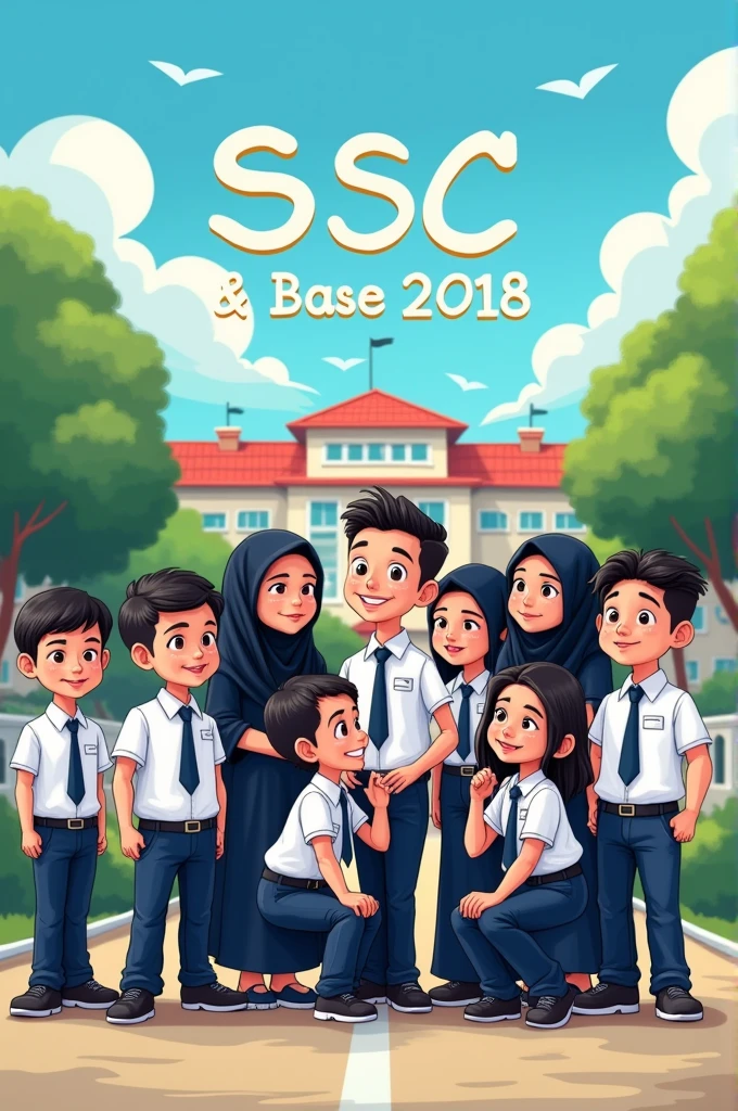 SSC batch boys and girl group photo.
10 girls and 10 boys in animation cartoon
. Boys in Bangladeshi school dress. And girls in black burkha.
And written in the sky" SSC base 2018"
With amazing School background.