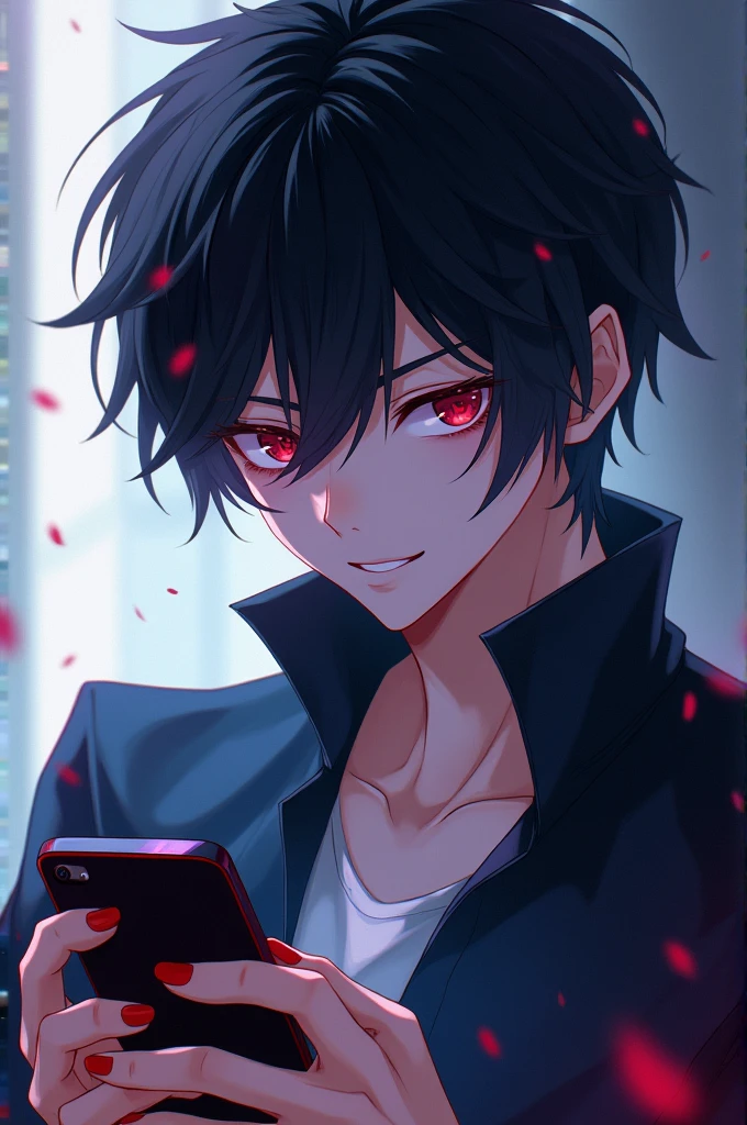 Highly beautiful anime boy, smiling evilly at his mobile