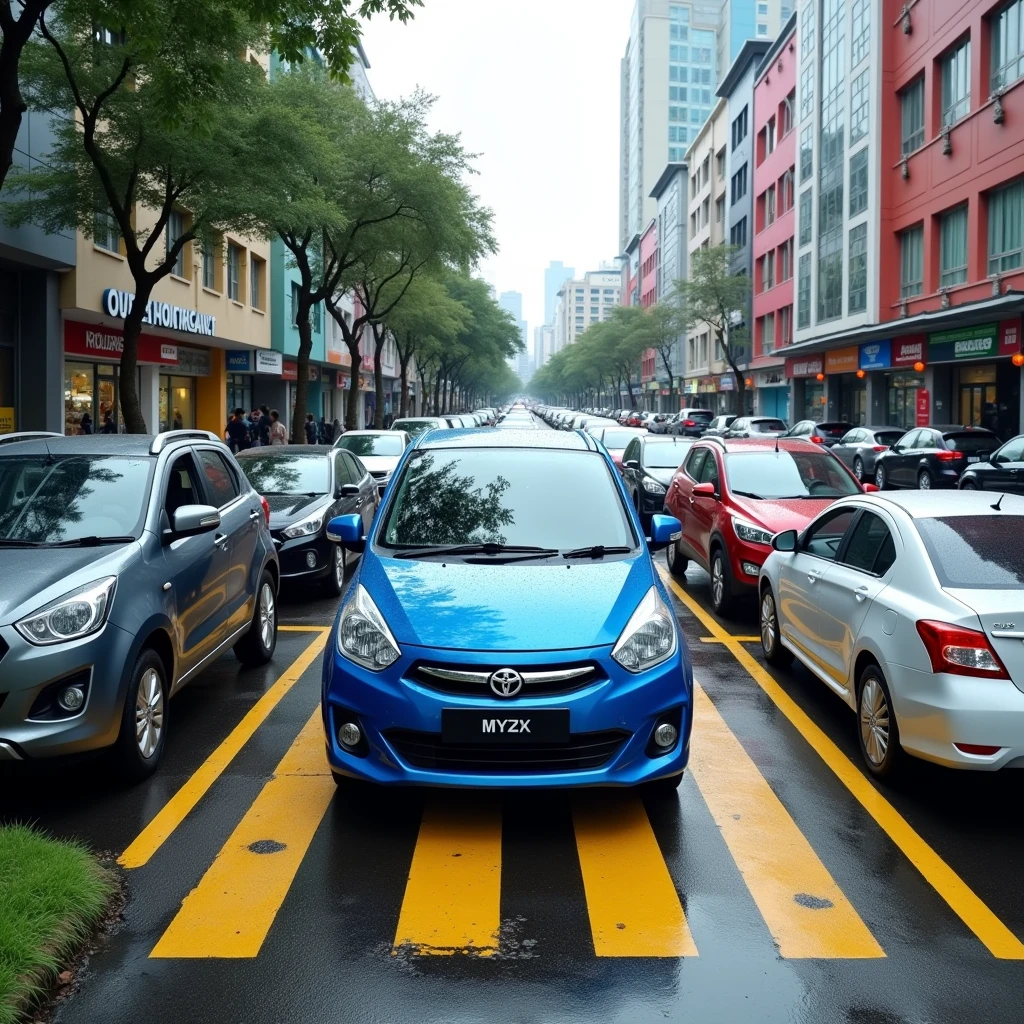 A scene of showing a failed parking attempt in a busy urban parking lot in front of a row of shop lots in Kuala Lumpur on a wet day , with the pavement still glistening from recent rain. In the center of the scene is a blue Perodua Myvi Ez parked vertically across two horizontal parking spots, with both the front and rear of the car extending over the yellow lines, occupying both spaces. Other cars are parked horizontally following the lines as well horizontally in their spots around it. The shop lots have a variety of storefronts, some with colorful signage , and the background includes trees , a grassy area , and the cityscape of Kuala Lumpur with buildings and light traffic on the street under a slightly overcast sky . The inconsiderate parking of the blue car is clearly visible in this bustling commercial area