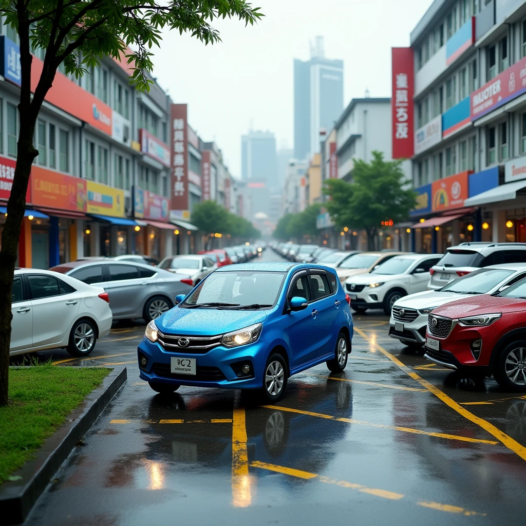 A scene of showing a failed parking attempt in a busy urban parking lot in front of a row of shop lots in Kuala Lumpur on a wet day , with the pavement still glistening from recent rain. In the center of the scene is a blue Perodua Myvi Ez parked vertically across two horizontal parking spots, with both the front and rear of the car extending over the yellow lines, occupying both spaces. Other cars are parked horizontally following the lines as well horizontally in their spots around it. The shop lots have a variety of storefronts, some with colorful signage , and the background includes trees , a grassy area , and the cityscape of Kuala Lumpur with buildings and light traffic on the street under a slightly overcast sky . The inconsiderate parking of the blue car is clearly visible in this bustling commercial area