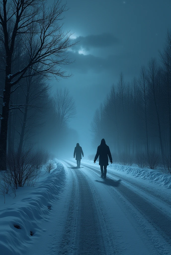 Horror road, night time, winter wonderland , ice flakes