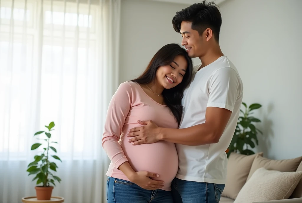 High Resolution, Masterpiece, Accurate, Best Quality, Detail, High Details, High Quality, Realistic photo. A 2 Indonesian wife, wearing a pink long sleeved top and blue jeans, long dark hair, white skin, height: 155 cm, weight: 45 kg. The image shows a young couple standing in a living room, embracing each other with their hands on their pregnant belly. The woman is wearing a beige dress and the man has dark hair. They are both smiling and looking at each other lovingly. The room has white walls and a large window with sheer curtains, and there is a plant in the corner. The overall mood of the image is happy and intimate.