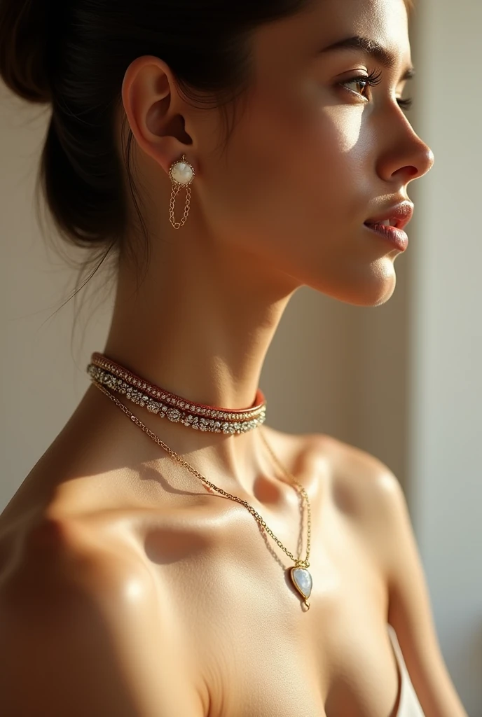 Take a custom photo from the side, without a human face, to use in advertising for my accessory necklace and bracelet store.