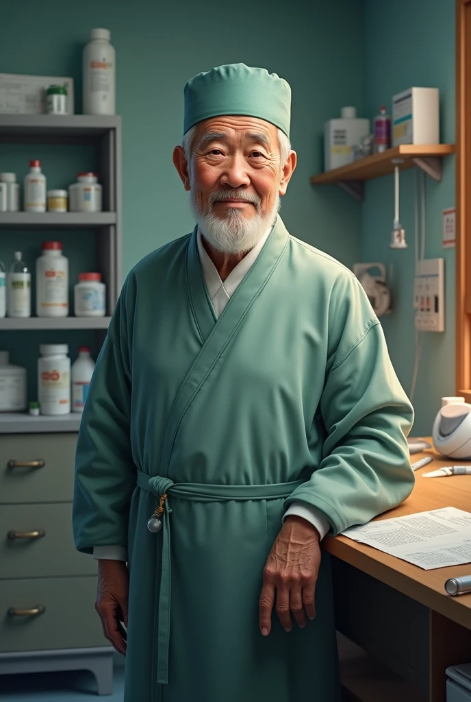 An elderly Chinese doctor in a clinic, smiling and holding a health report. Real portraitt