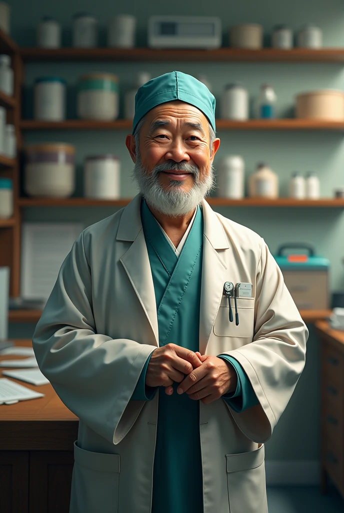 An elderly Chinese doctor in a clinic, smiling and holding a health report. Real portraitt