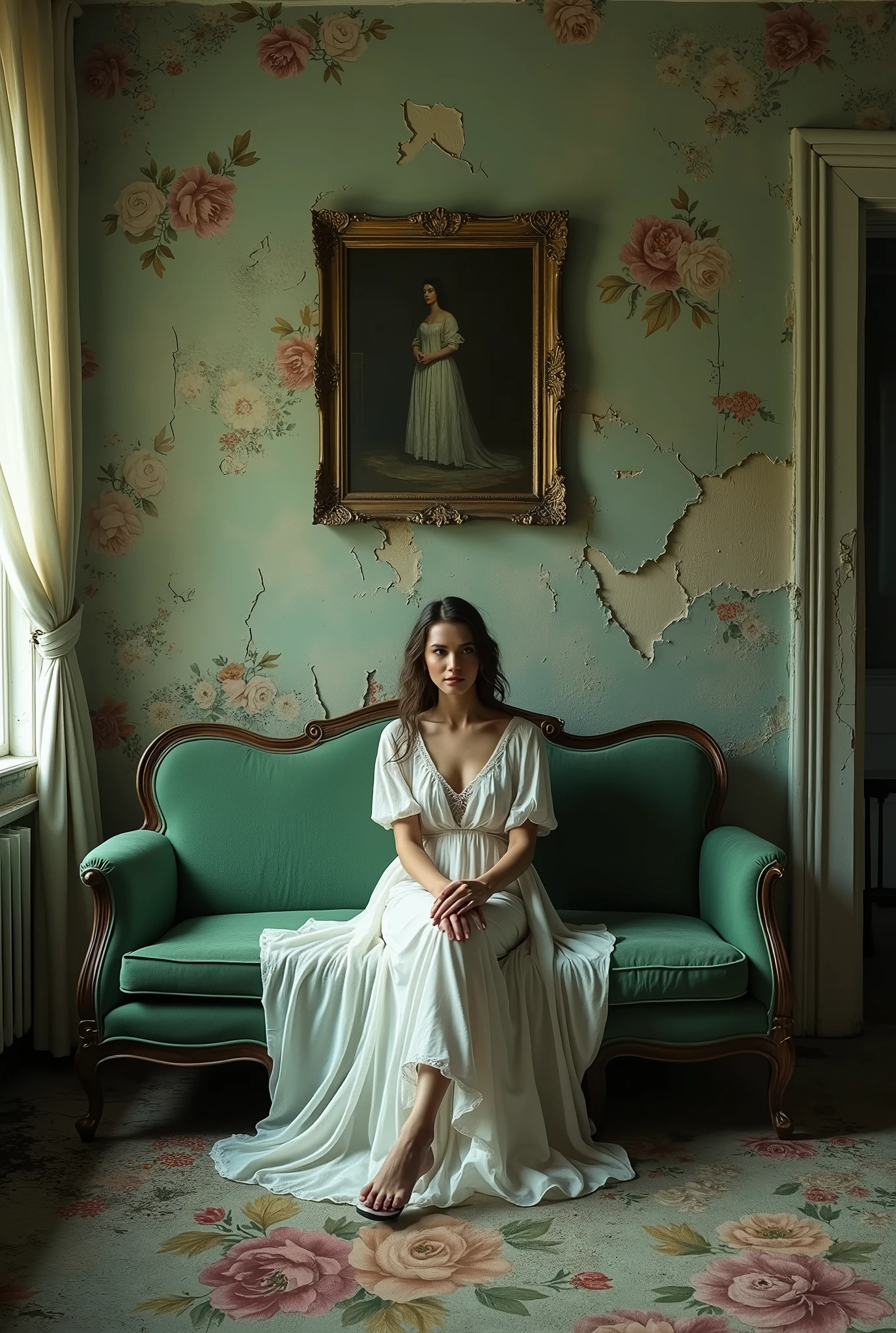 (RAW photos, top quality, realistic, photorealistic: 1.3, professional lighting, Old derelict mansion interior, old dusty green furniture, peeling wallpaper and vivid coloured Roses wallpaper torn and fryed, A painting hangs slanted on the wall, wide view, mystic light,(masterpiece:1.2) (photorealistic:1.4) (Wide angle view along the wall) (A living room in a old decaying mansion) A Beautiful 6 woman sites on the sofa, woman is wearing a white cotton dress,Ultra-realistic, no contrast, clean sharp focus, professional, No blurring