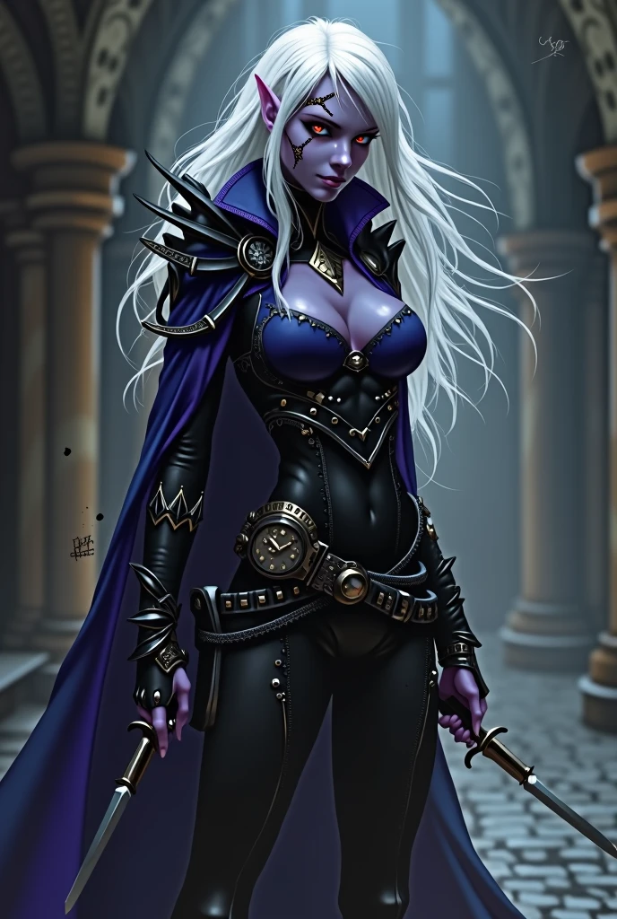 elfa drow,  purple skin, Eyes red, white  hair, assassin outfit with two daggers, scar on eye
 