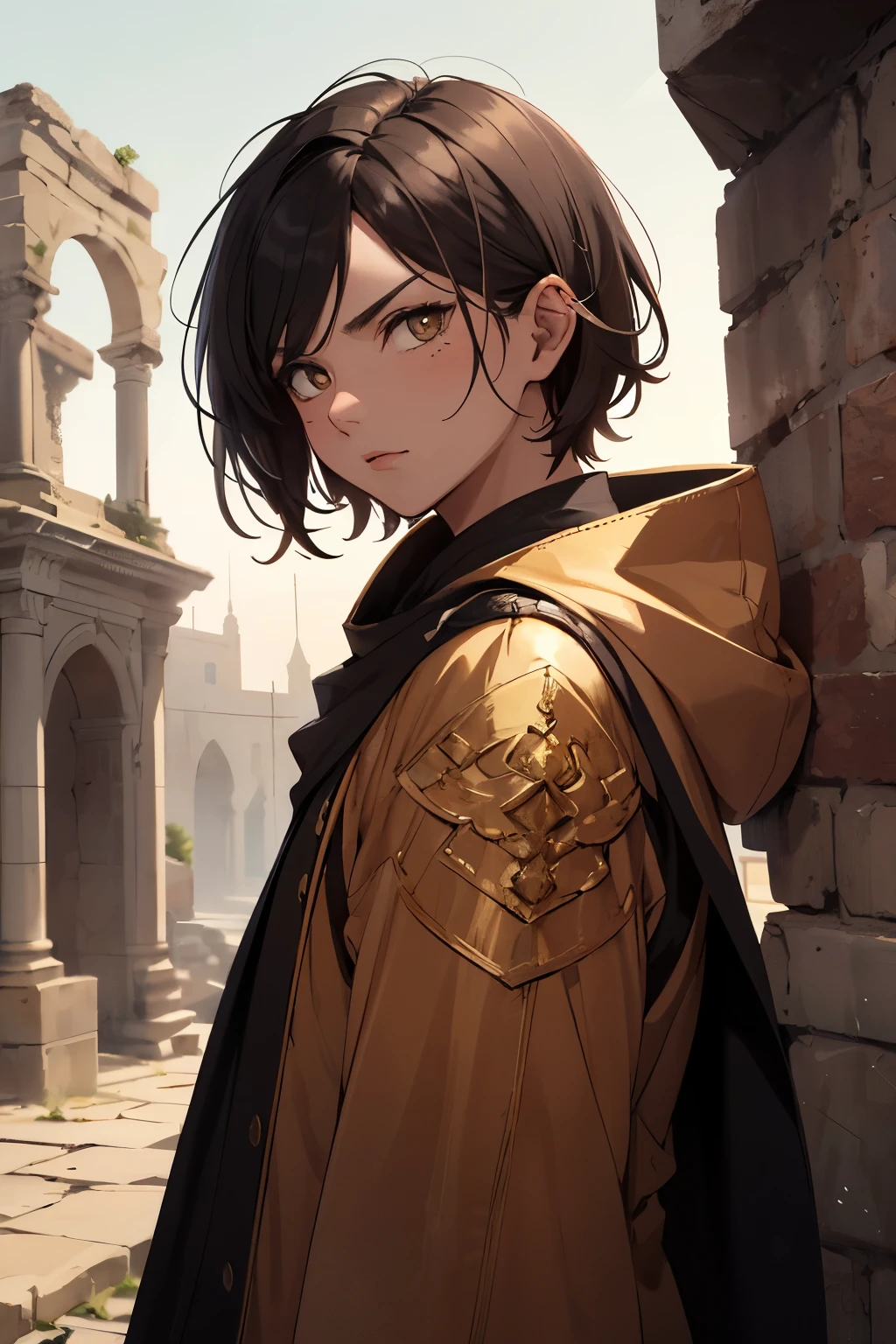 ((Highest quality)), ((masterpiece)), (detailed), 1 man,desert, ancient ruins, man, warrior, serious look, short hair, messy hair, black hair, golden eyes, big eyes, wide-eyed, wheatish skin, tall, slim, hooded cloak, holding sword, delicate facial features,  art academia, mystical atmosphere, medieval costume,west asian style, golden hour, sidelighting,Mutsumi Inomata style