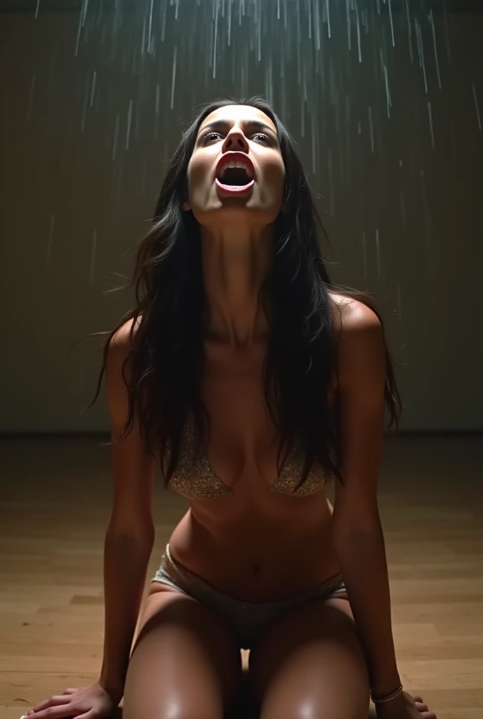 gal gadot, on her knees, looking up, ((intense orgasm)), excited, intense yearning, eager excited expression, desire, in position as if trying to catch raindrops that are not there on her tongue, shot directly overhead