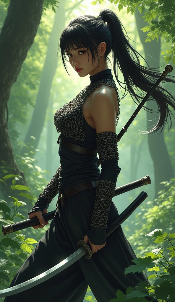 An 1 female ninja wearing chain mail over black underwear.。In the forest, her black ponytail fluttering、A dynamic pose with a short sword ready to attack