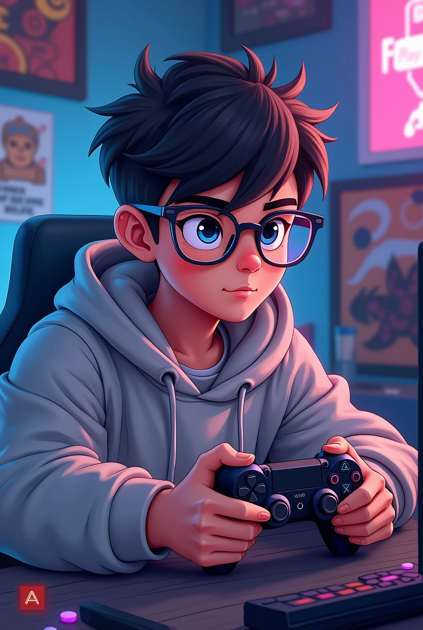 boy with glasses, gamer with a sweatshirt
art by anurag that has a play station controller logo and several video game posters in the background. Logo with the name Anurag PLAY, themed around a nerd with glasses playing video games