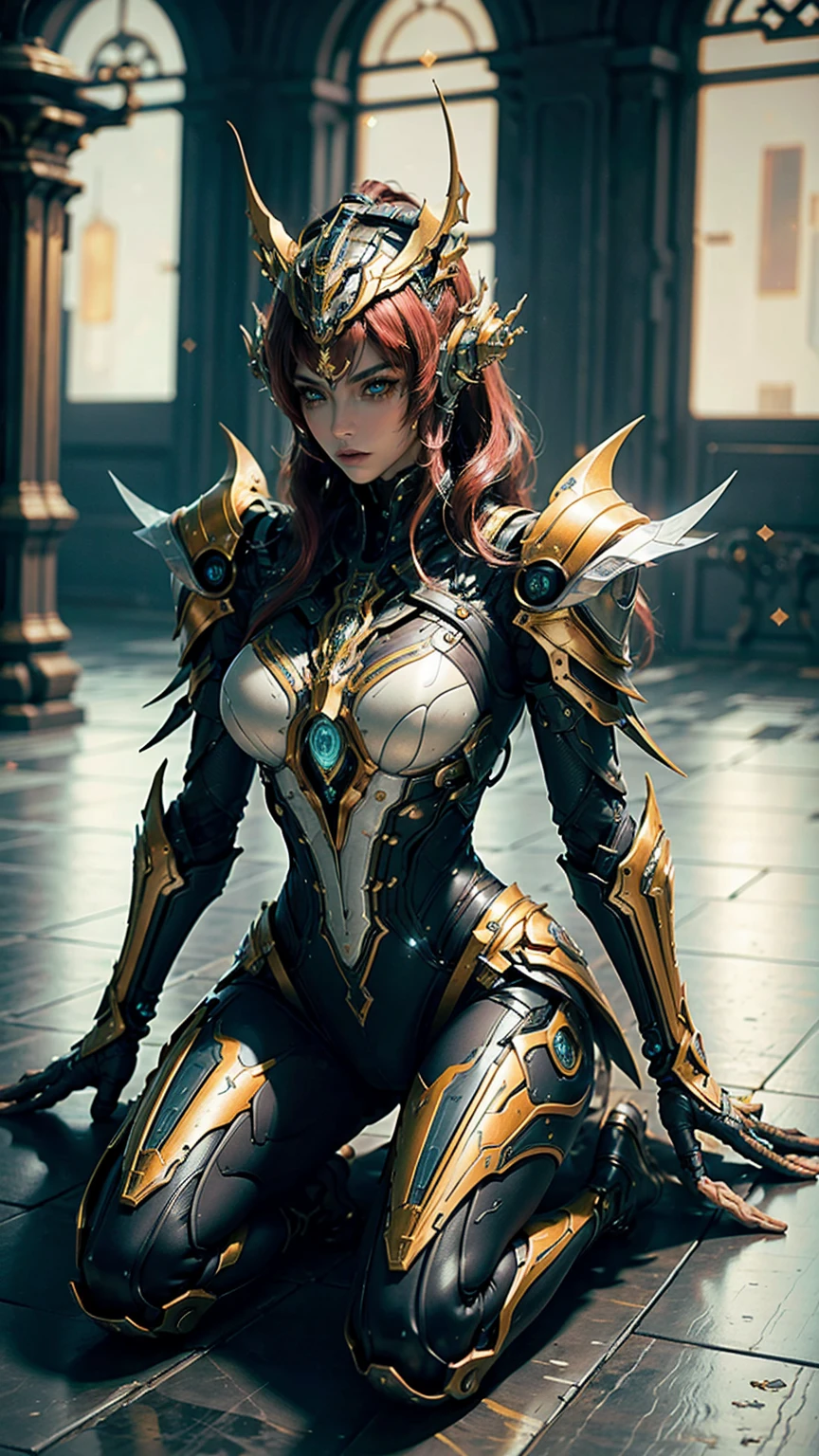 masterpiece, Best Quality, high angle, medieval futuristic city, 1 girl, alone, Pale skin, bee, armor of warframe, red hair to the floor, He doesn't have a helmet, cybernetic suit, cyborg, neon lights on their clothes and cybernetic augmentations, 3D, hyperrealistic, realist, young girl, sexy, beautiful face, warrior pose, kingdompunk style, beautiful, showy, neon lights, intricate details, smooth skin, hyperrealistic, side glance, neckline, Extremely detailed 8k, seeds, High resolution, ultra quality, Highly detailed warrior eyes, very detailed mouth, Very detailed face, Perfect eyes, the eyes are silver colored, true light, Glare, iridescent, global illumination, real hair movement, Light of the neon kingdom, real shadow, The real way, 4k high definition, luz neon realist, bright Eyes, silver eyes, fluorescent eyes, neon light, half body, close up, Neon colors, yellow, blue, ?????