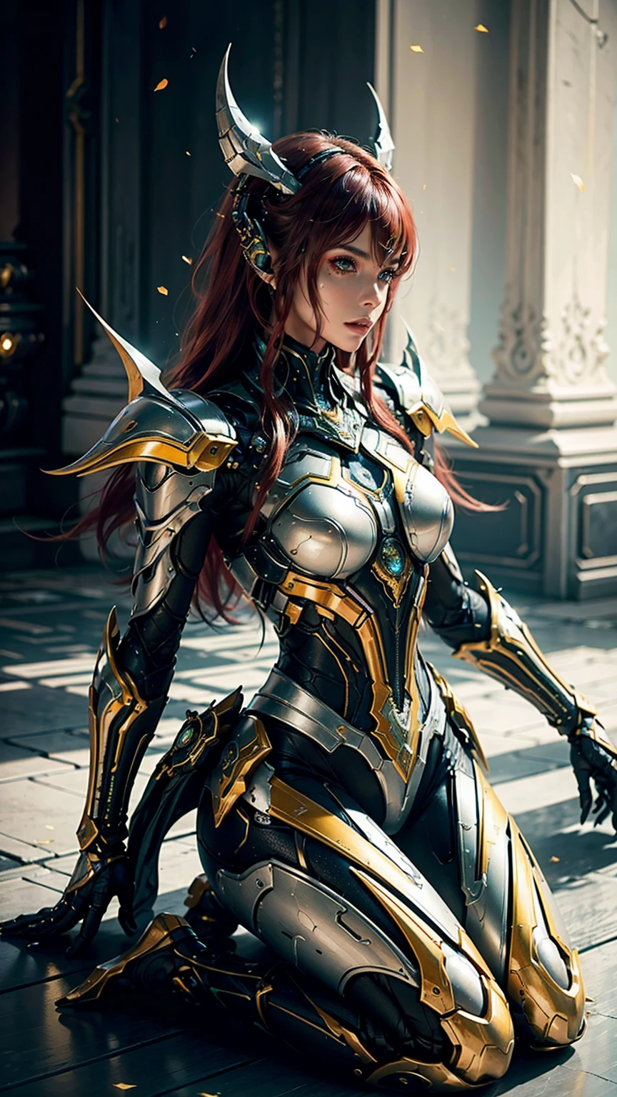 masterpiece, Best Quality, high angle, medieval futuristic city, 1 girl, alone, Pale skin, bee, armor of warframe, red hair to the floor, He doesn&#39;t have a helmet, cybernetic suit, cyborg, neon lights on their clothes and cybernetic augmentations, 3D, hyperrealistic, realist, young girl, sexy, beautiful face, warrior pose, kingdompunk style, beautiful, showy, neon lights, intricate details, smooth skin, hyperrealistic, side glance, neckline, Extremely detailed 8k, seeds, High resolution, ultra quality, Highly detailed warrior eyes, very detailed mouth, Very detailed face, Perfect eyes, the eyes are silver colored, true light, Glare, iridescent, global illumination, real hair movement, Light of the neon kingdom, real shadow, The real way, 4k high definition, luz neon realist, bright Eyes, silver eyes, fluorescent eyes, neon light, half body, close up, Neon colors, yellow, blue, negro
