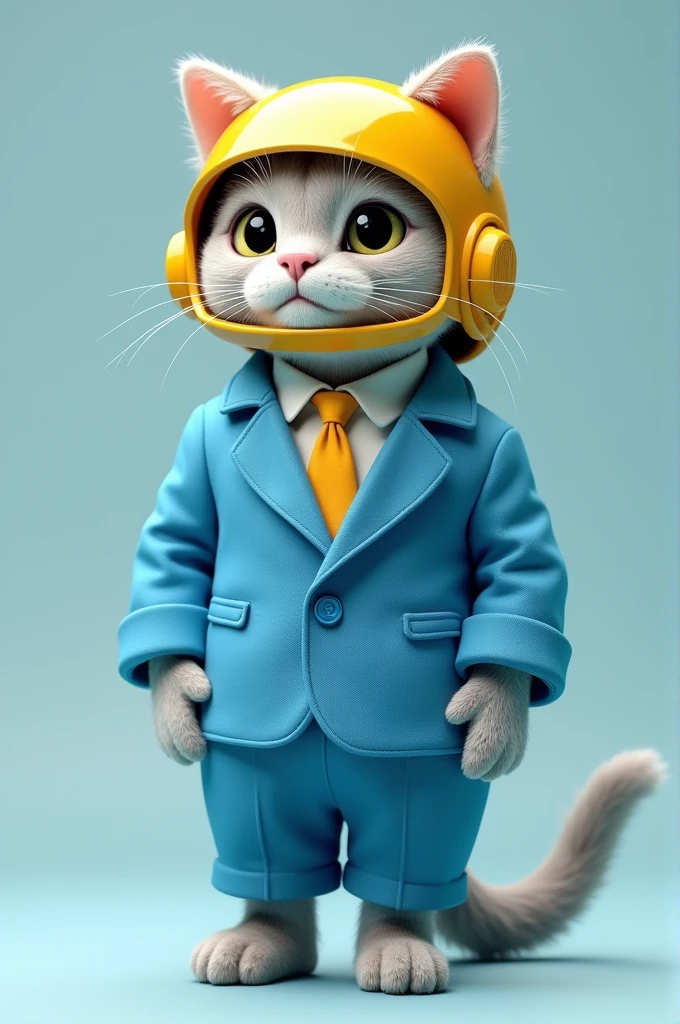 A cat with light grey fur, wearing a bright blue suit and a yellow helmet.