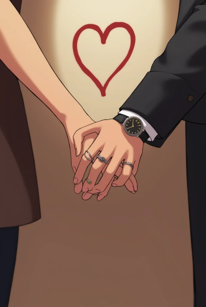 This image captures a close-up of two people holding hands, symbolizing affection and connection. Both individuals are wearing rings, and the person on the left is also wearing a wristwatch. Above the hands, there is a large, stylized letter "C" , black font, accompanied by a small red heart, emphasizing the theme of love or a special bond. The overall tone of the image is warm and intimate, reflecting a moment of togetherness.