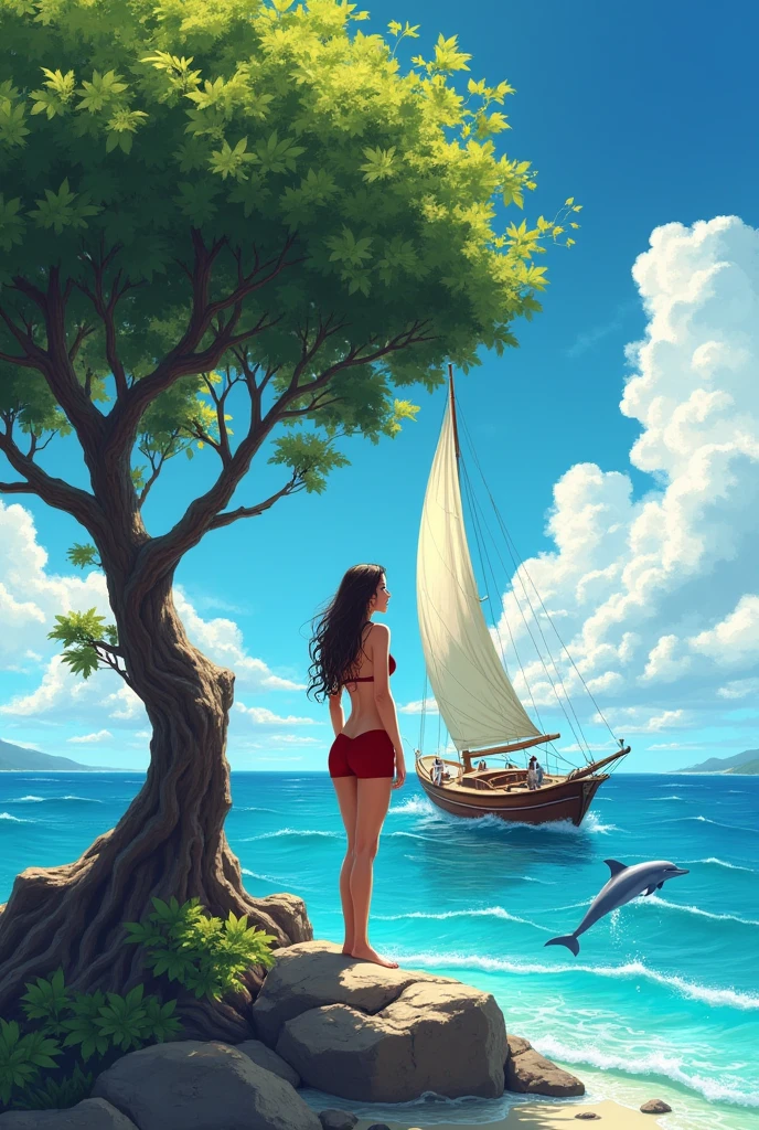 Tree beautiful woman full body, short sexy dressed, on the beautiful sailboat, a Dolphin in the background jumping out the Sea, beautiful Sky, Digital art