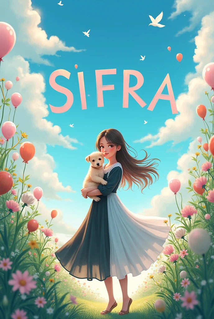 A beautiful girl in a garden and holding a cute puppy and open long hair hairs her hair colour is brown and light black and wearing a long frock the frock colour is light black and white and Plus light blue and she wearing a cute sandals and the sky colour is blue Plus light is pink and wear flying some balloons and birds please write the name Sifra in big letterss