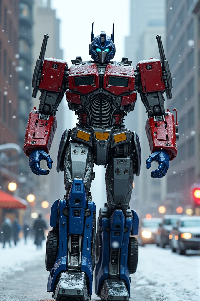 Optimus prime in snowfall in new york
