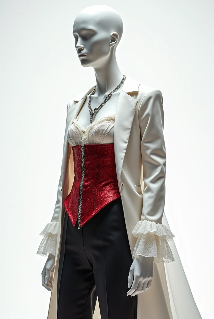 Whole body, mannequin with teenage boy body boy ballet jacket square collar white shirt underneath, silver jewelry, transparent fabrics with glitter,black with red color,  medieval, silk fabric, corset,along with pants with a skirt behind,ancient, delicate, Royals, delicate, Simple, White background, vista Whole body.