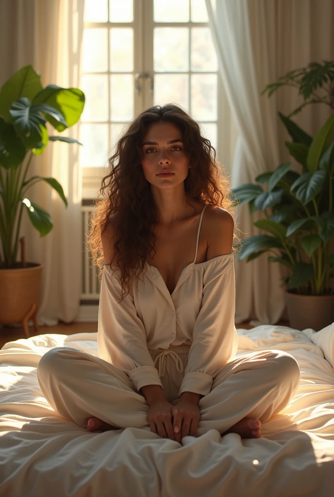 (photorealism:1.2), beautiful woman, sitting on bed, wearing loose off-shoulder top, pajama pants, long curly hair, indoors, soft lighting, plants in background, window with sunlight, cozy room, relaxed pose, realistic, intricate details, warm colors, by Greg Rutkowski, by Alphonse Mucha