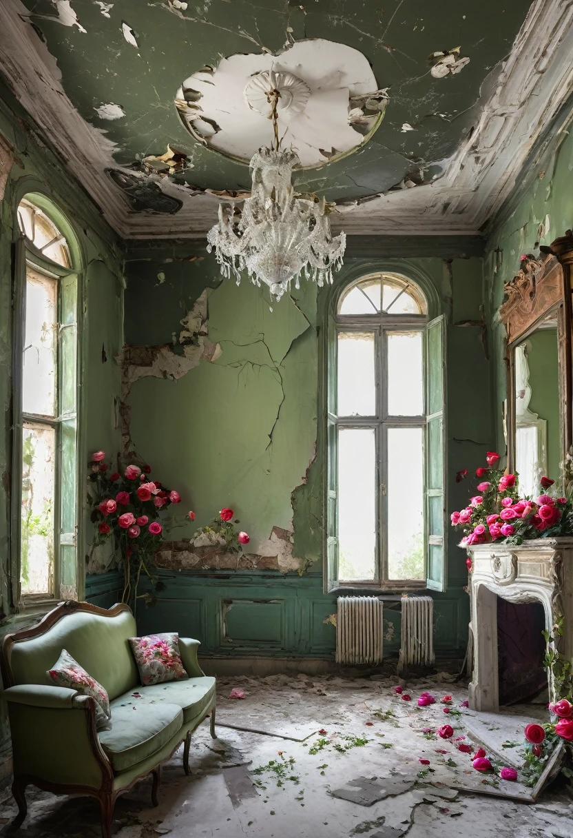 (RAW photos, top quality, realistic, photorealistic: 1.3, professional lighting, Old derelict mansion interior, old dusty green furniture, peeling wallpaper and vivid coloured Roses wallpaper torn and fryed, A painting hangs slanted on the wall, wide view, mystic light,(masterpiece:1.2) (photorealistic:1.4) (Wide angle view along the wall) (A living room in a old decaying mansion) A Beautiful 6 woman sites on the sofa, woman is wearing a white cotton dress,Ultra-realistic, no contrast, clean sharp focus, professional, No blurring