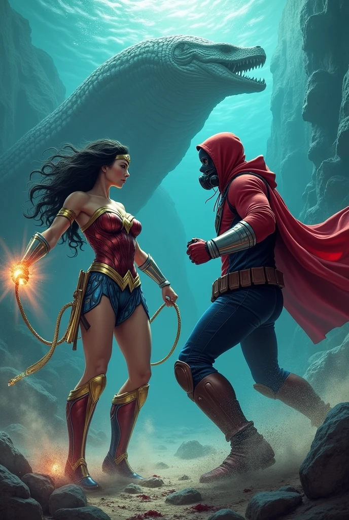 Wonder woman, big breasts, perfect body, Busty & ??? Star-Lord with red hoodie, Rocket boots, headphones, star-lord helmet, gas helmet, Covered mouth, Round & red eyes, ocean floor, underwater, Fighting with titanoboa, power, blood, Kick, Attack, magic rings in the hands, Fighting, power, fiction, full body, magic lasso, hight, fall, fire in boots, poweful spells, realistic, helmet, mask, float, war, kill, dead, wound, Above him, Red cape.