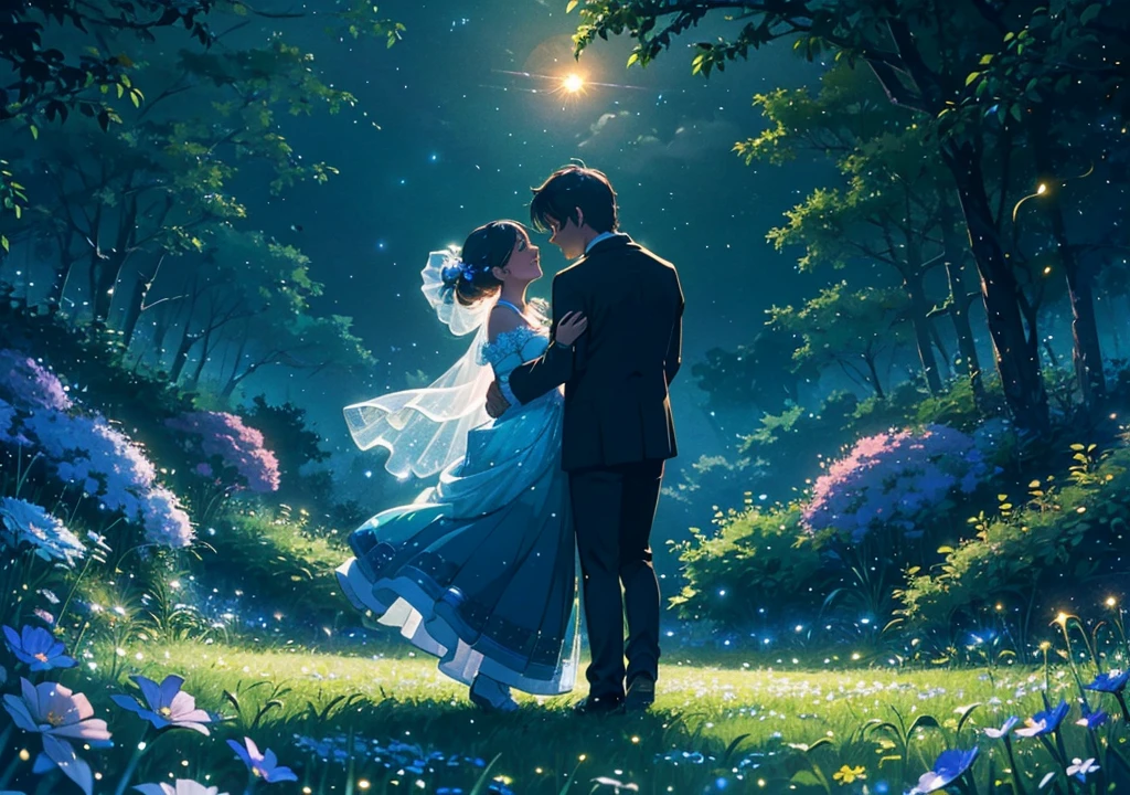 Enchanted Moonlit Dance: A lovely couple, lost in the magic of the night, dance under the soft glow of a full moon. The ground beneath their feet is a lush, vibrant meadow, filled with wildflowers that shimmer and sway to the rhythm of their movements. Fireflies twinkle like tiny stars around them, casting a whimsical ambiance. The air is filled with the sweet fragrance of blooming flowers and the gentle rustle of leaves. The couple's laughter and joyful whispers blend with the music of the night, creating a truly enchanting atmosphere highly detailed.