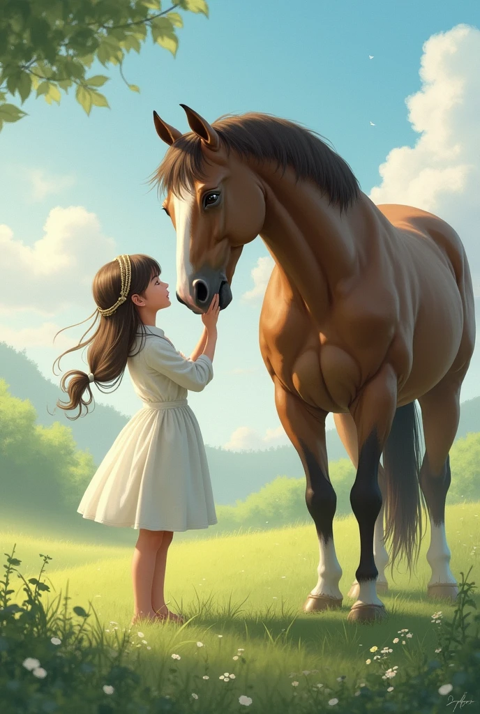 The girl makes a minute to the horse
