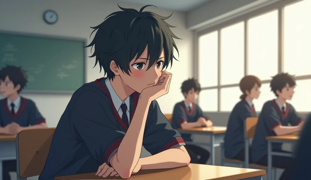 A medium shot anime-style of a male character with natural slightly messy and tousled hair, similar to the main character of the anime 'Hyōka'. He is dressed in a Japan-style school uniform. He is sitting in a school classroom at a table by the window side. His one hand is on his cheek and His face is expression disinterested. The background is filled with other students. With sleepy eyes
