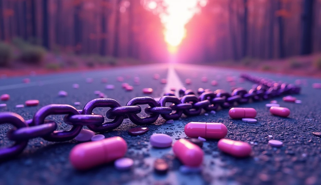 Purple chain thrown on a road, medicines thrown on the road, shades of purple, chains, style cartoon, lifeless colors,