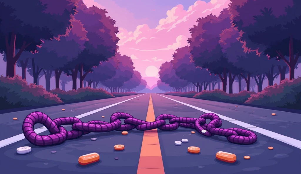 Purple chain thrown on a road, medicines thrown on the road, shades of purple, chains, style cartoon, lifeless colors,
