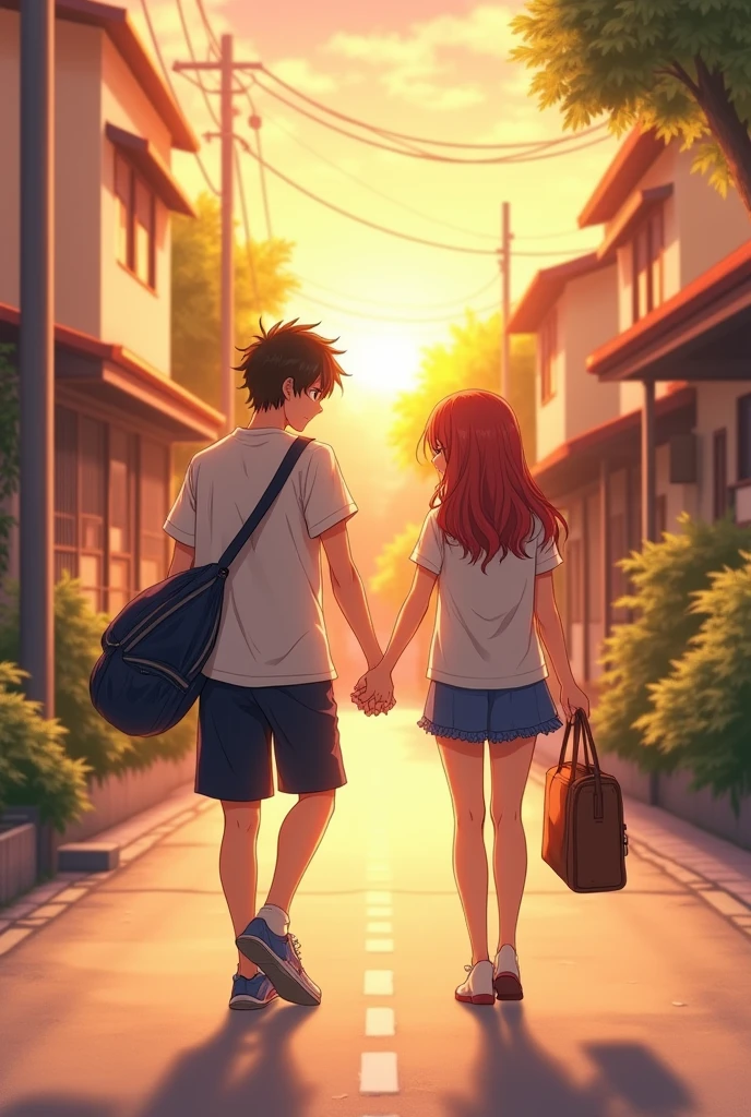 A high school couple walks hand in hand on the street, heading home in the sunset. The boy is wearing sportswear and holding a badminton bag, while the girl is carrying a school bag and looking at the boy shyly. Anime style