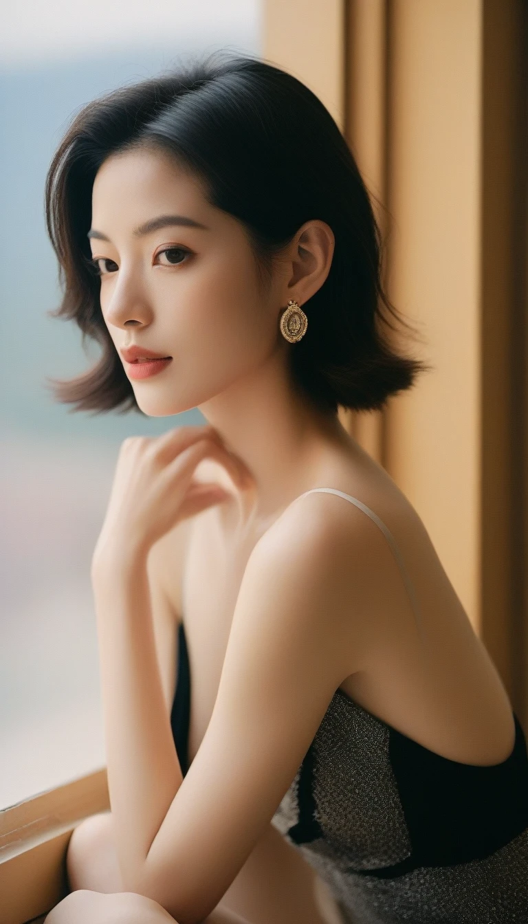 Close-up candid portrait photo of artistic young Korean woman, Retro-future, Movie stills, ((alone)), (Looks like Anne Hathaway: 0.9), Sit by the window, The sun shines on her face, Soft romantic lighting, Summer day, Leica SL3, Summicron SL75f/2. Asf, Kodak Gold 200 Film, Bare shoulders, Dynamic action poses,She wears a camisole so thin and black that her underwear shows through, her underwear is transparent, a graceful woman, a noble atmosphere, a celebrity, beautiful black hair, delicate face, detailed eyes,