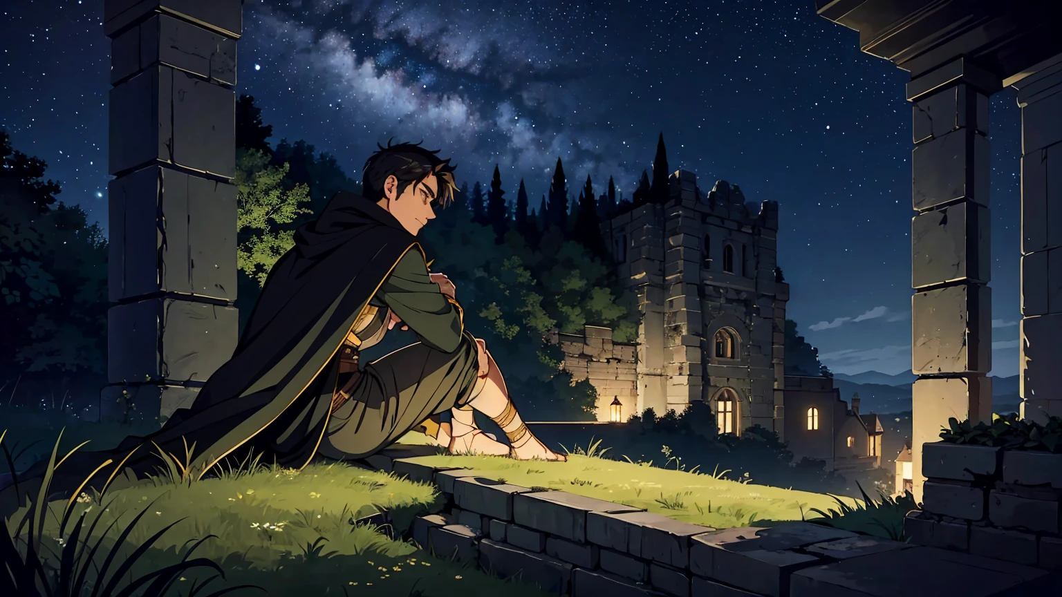 A rugged male adventurer with short dark hair, relaxing on the edge of an ancient castle's balcony under a starry night sky. He is wearing worn leather armor with a dark green cloak draped over his shoulders. He leans back against the stone wall with a relaxed and content expression, one leg stretched out and the other bent, gazing up at the expansive night sky filled with countless stars and a bright, glowing moon. The castle is partially in ruins, with ivy creeping up the stone walls, adding to the sense of ancient mystery. The atmosphere is calm and peaceful, with a gentle breeze rustling the leaves and the soft sounds of night creating a serene and contemplative mood.