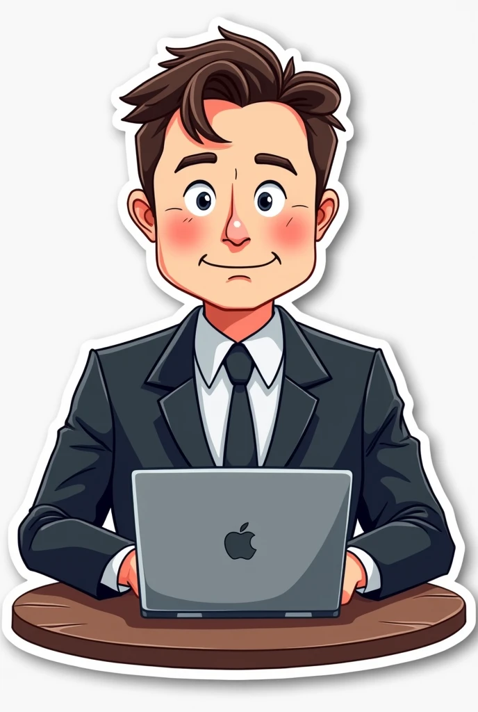 Vector image sticker of Elon Musk working in laptop table in front in suit and tie front view cartoonistic realistic eyes looking to the screen