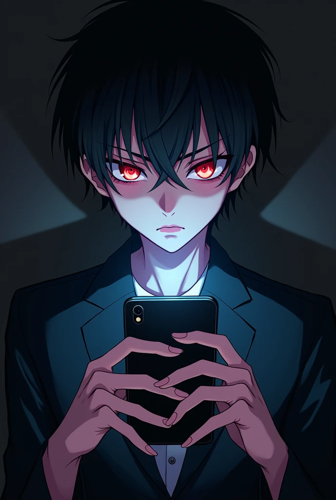 Highly beautiful anime boy, laughing evilly at his cell phone