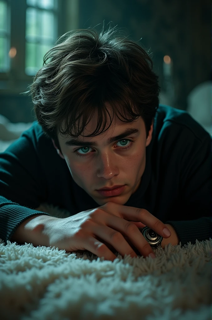 Create me a Wattpad cover with the title Delicious temptation. Where you show Harry Potter lying down, looking seriously