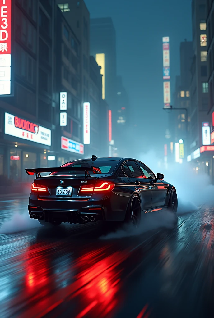 Very fast black BMW E60 at night in the fog in the city center 