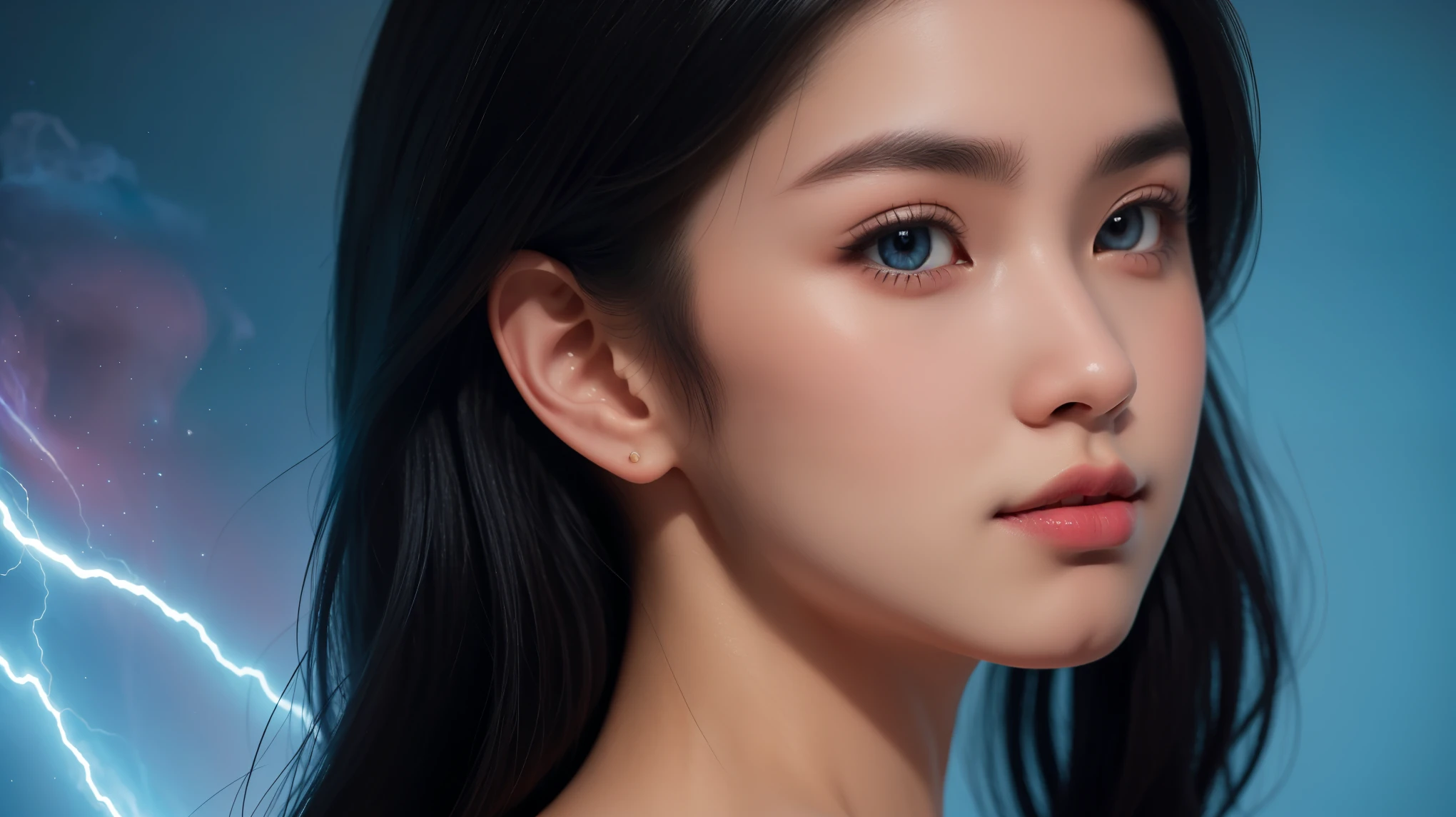 "Prepare to be amazed by the unique and diverse styles of this 16k masterpiece. The bright pastel colors and beautiful composition draw your eye to the teenage girl with black hair and innocent eyes. Against the dark backdrop, her energy radiates a mesmerizing blue aura, bringing the entire scene to life in stunning detail."