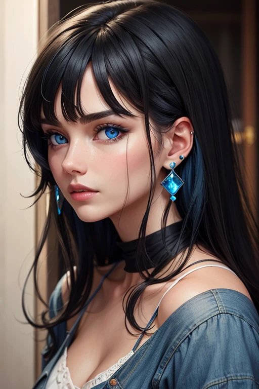 blue eyes, black hair, earrings,