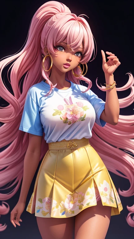 (Best Quality:1.5, High resolution, HD, 4k, detailed lighting, Shaders), floral curly hair, ombre hair, big breasts, lasts, T-shirt, social shirt, short skirt, mature woman , (to throw), White background, colorful eye shadow, dramatic lighting, sparkling eyes, sensual expression, golden earrings, flowing hair, delicate facial features, Dark skin, high cheekbones, urban setting, Black background, don't look for the camera, forward lean, behind the camera