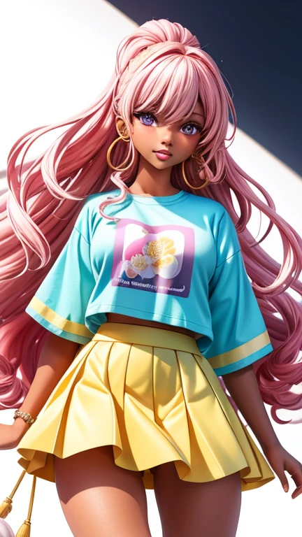 (Best Quality:1.5, High resolution, HD, 4k, detailed lighting, Shaders), floral curly hair, ombre hair, big breasts, lasts, T-shirt, social shirt, short skirt, mature woman , (to throw), White background, colorful eye shadow, dramatic lighting, sparkling eyes, sensual expression, golden earrings, flowing hair, delicate facial features, Dark skin, high cheekbones, urban setting, Black background, don't look for the camera, forward lean, behind the camera