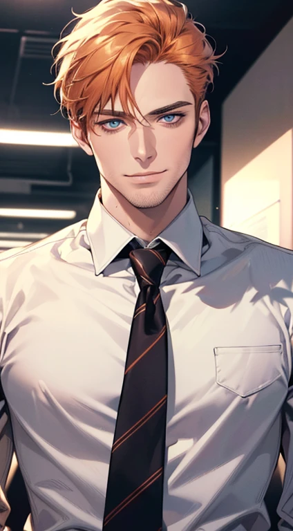 (best quality,4k,8k,highres,masterpiece:1.2),ultra-detailed,(realistic,photorealistic,photo-realistic:1.37),1 man,3,mature man,very handsome,without expression,smile,short orange hair,blue eyes,penetrating gaze,perfect face without errors,imposing posture,businessman,office background,cinematic lighting,hdr image