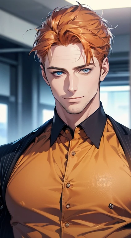 (best quality,4k,8k,highres,masterpiece:1.2),ultra-detailed,(realistic,photorealistic,photo-realistic:1.37),1 man,3,mature man,very handsome,without expression,smile,short orange hair,blue eyes,penetrating gaze,perfect face without errors,imposing posture,businessman,office background,cinematic lighting,hdr image