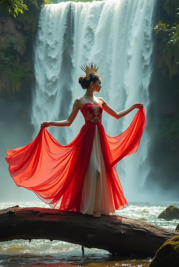 Photoshot of a beautiful woman wearing a red and white dress wearing a mah kota and holding a long cloth. Dancing on a fallen tree under a very beautiful waterfall